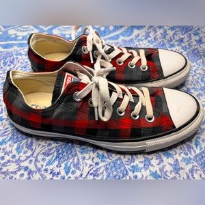 Converse Low Top Red & Gray Plaid Shoes Unisex